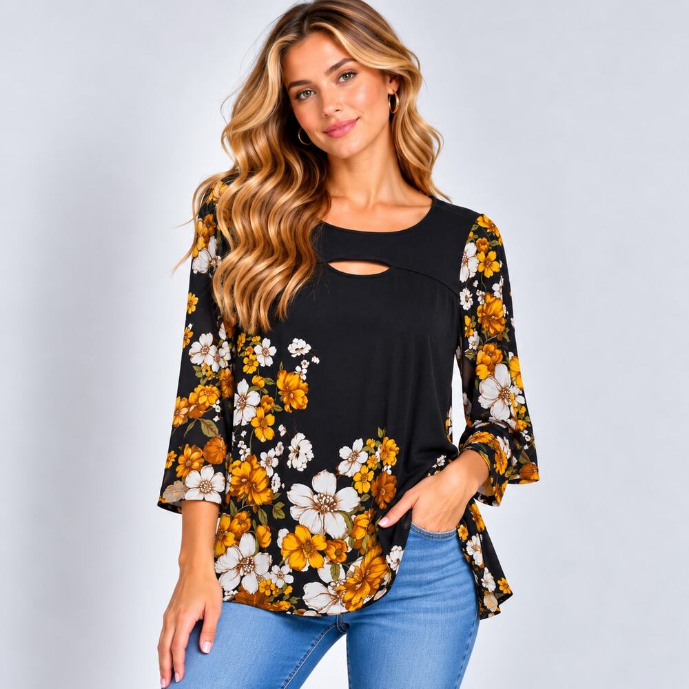 Susan Graver Liquid Knit Blouse Women's Size L Black Floral Keyhole Cottage